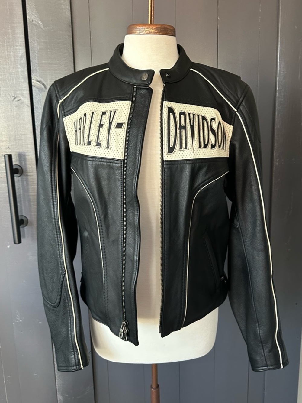 Harley-Davidson Black and Cream Perforated Leather Riding Jacket